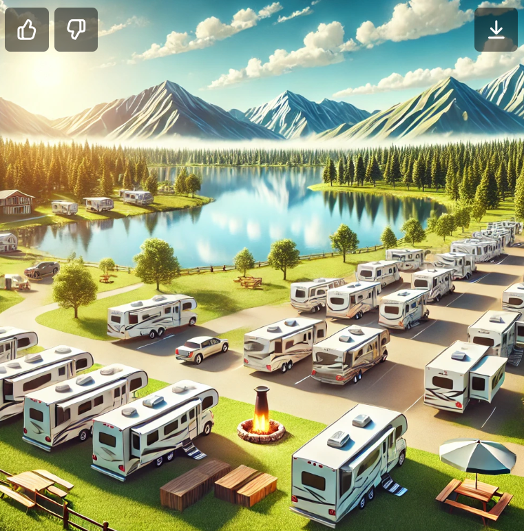 A scenic RV park financing investment near a lake with multiple RVs.