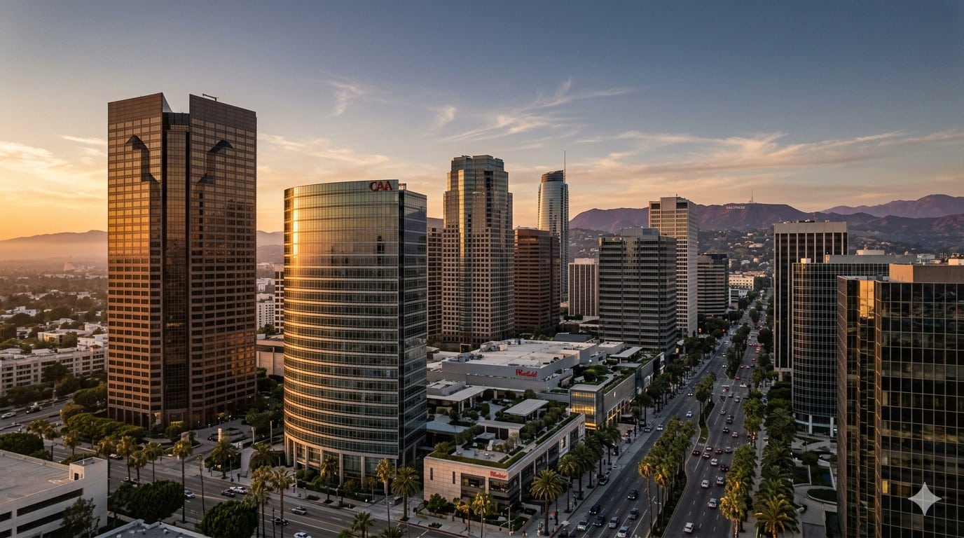 Office Building Financing in Los Angeles: Complete 2026 Guide 1 Office building financing in Los Angeles 2026 — Century City skyline at golden hour, Financial Compound commercial mortgage broker