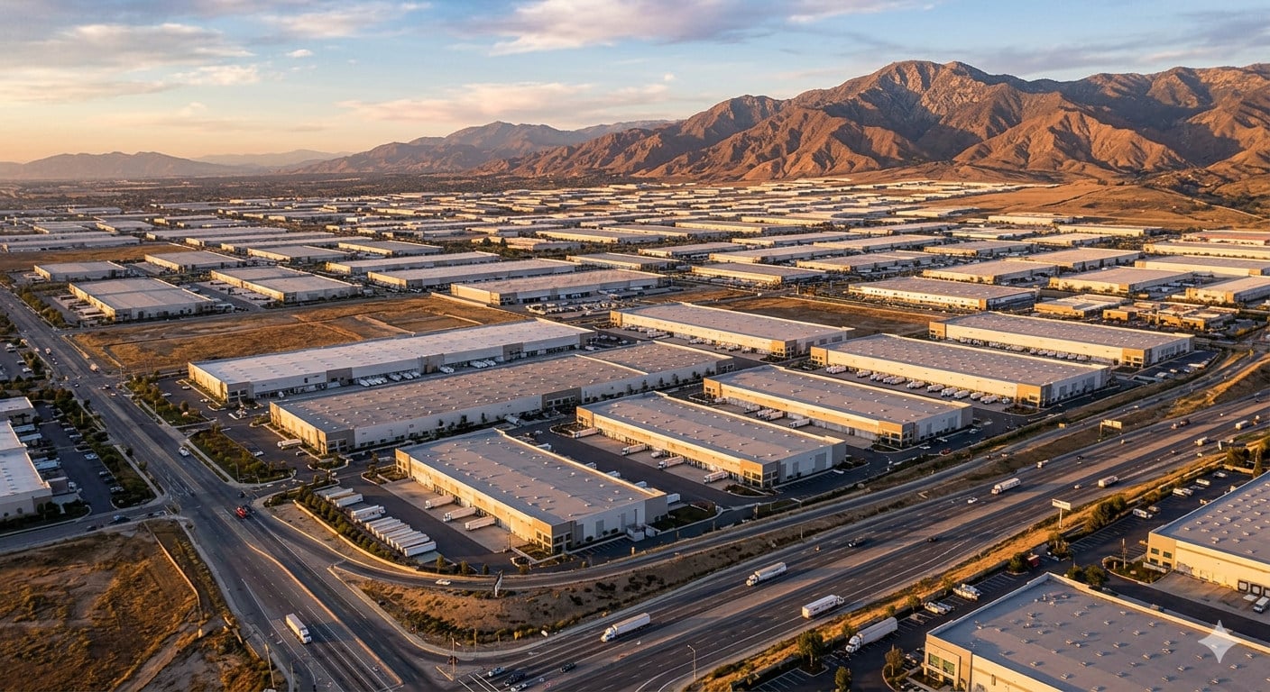 Inland Empire commercial real estate loans — aerial view of Riverside and San Bernardino logistics warehouses with mountains behind