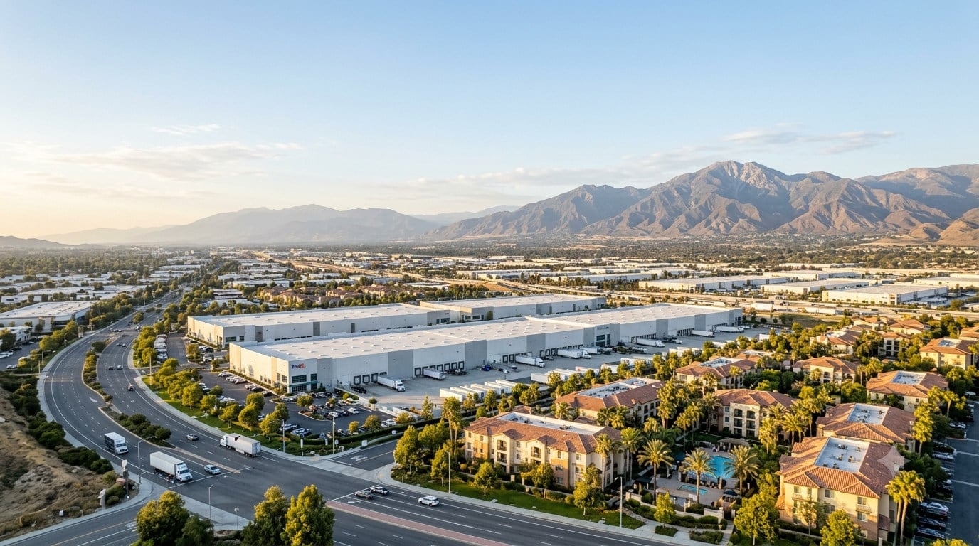 Inland Empire Commercial Real Estate Refinancing: What 2026 Actually Looks Like 3 Inland Empire commercial real estate refinancing — aerial view of logistics warehouses and apartment communities across Riverside and San Bernardino Counties at golden hour, with the San Bernardino Mountains beyond