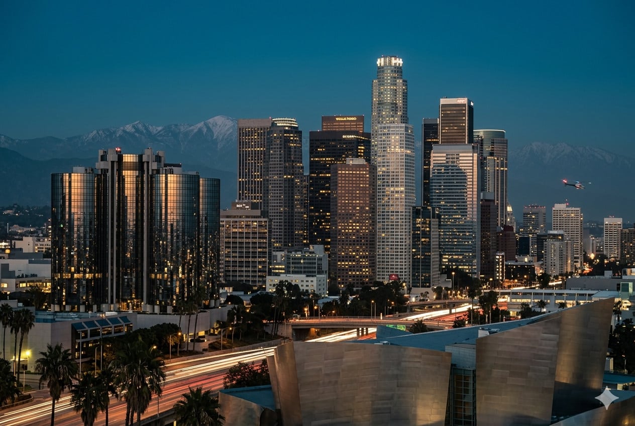 Office Building Financing in Los Angeles: Complete 2026 Guide 2 Downtown Los Angeles Bunker Hill office skyline at blue hour — refinancing commercial office loans LA 2026