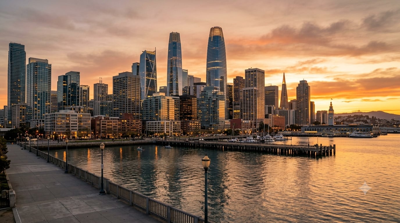 San Francisco skyline at sunset representing Bay Area commercial mortgage maturities in 2026