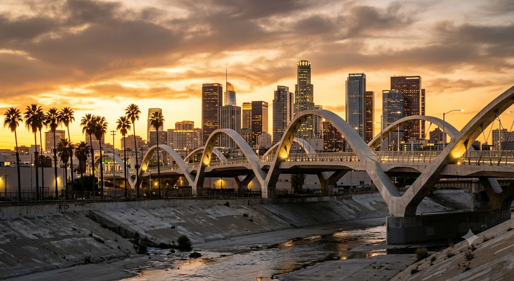 California bridge loan rates 2026 — bridge over the Los Angeles River with downtown LA skyline