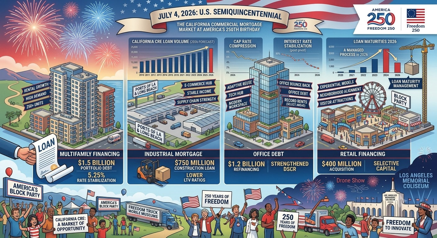 The California Commercial Mortgage Market at America's 250th Birthday 1 California commercial mortgage market — Los Angeles skyline with American flag marking the nation's 250th anniversary