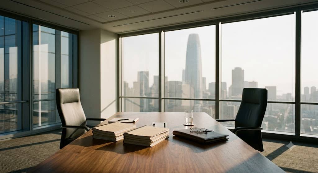 San Francisco Office Loan Workout in 2026: Modification, Special Servicer, Discounted Payoff, Note Sale 1 Empty San Francisco conference room with loan documents on the table, representing commercial loan modification and special servicer negotiation