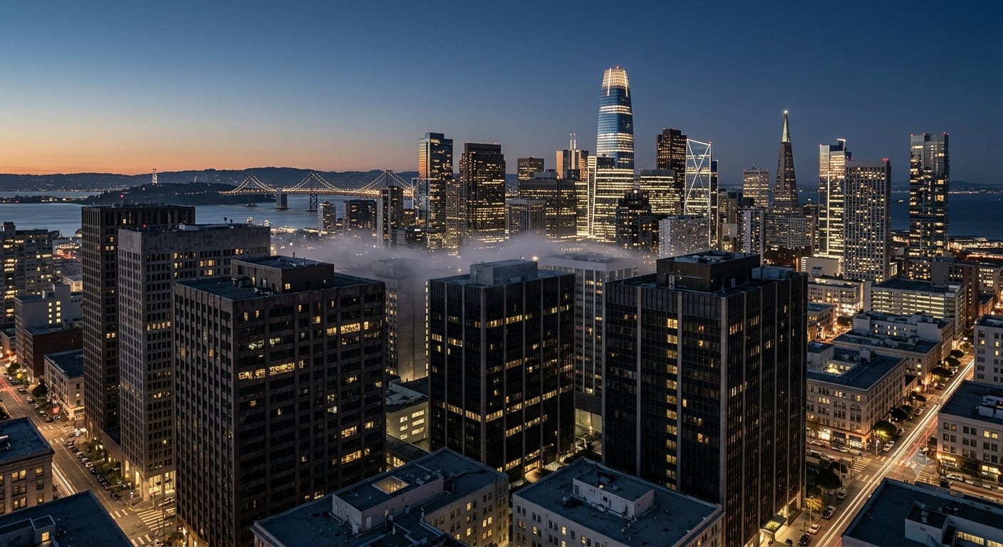 San Francisco Office Loan Workout in 2026: Modification, Special Servicer, Discounted Payoff, Note Sale 1 Partially lit older office towers in San Francisco's SoMa district at dusk, illustrating the occupancy gap behind San Francisco office loan workout negotiations in 2026
