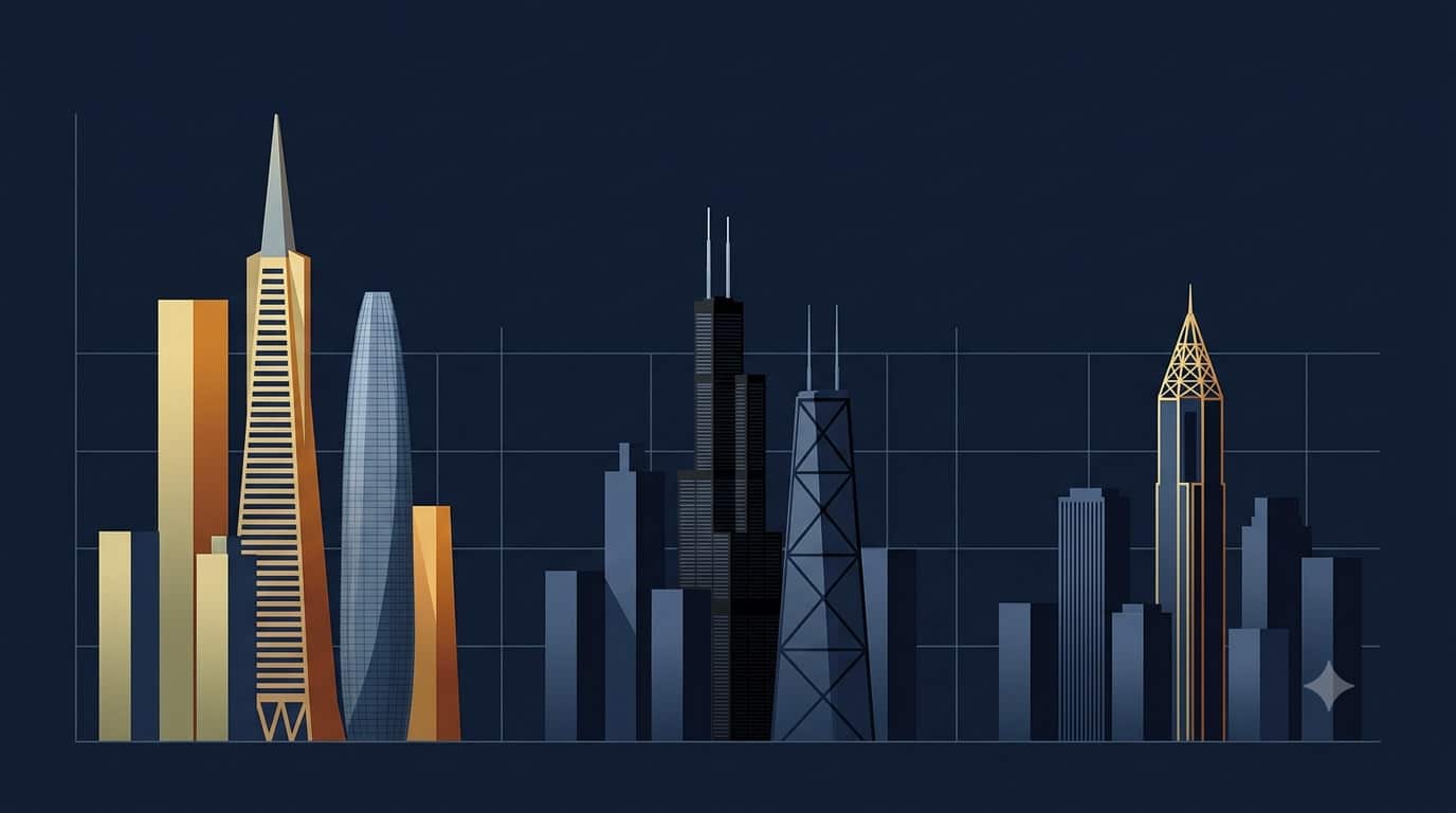 The Fastest Growing Commercial Real Estate Markets in 2026 Arent the Biggest Ones 3 Stylized navy and gold illustration of the San Francisco, Chicago and Atlanta skylines rendered as data columns of uneven height, representing commercial real estate investment volume growth by market