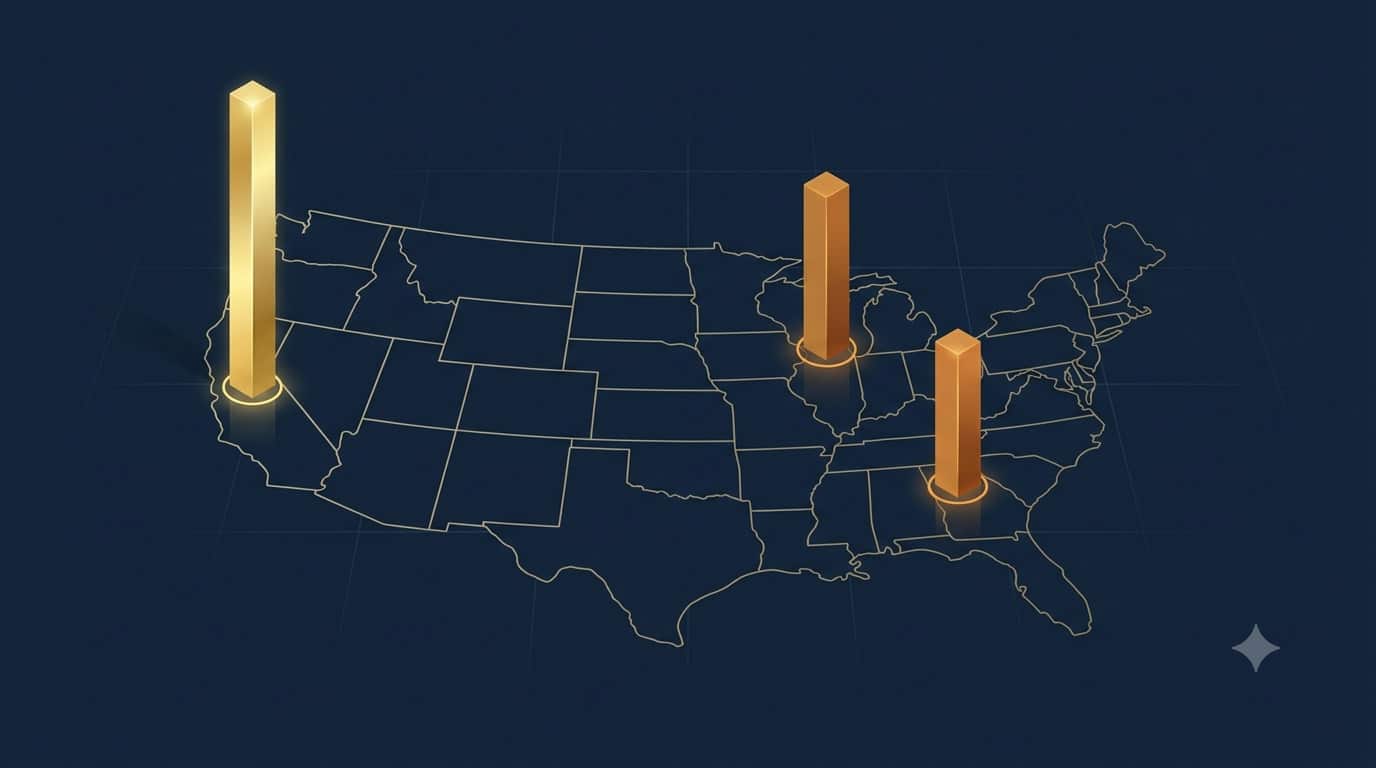 The Fastest Growing Commercial Real Estate Markets in 2026 Arent the Biggest Ones 1 Minimal United States map in navy and gold with bar-chart columns rising over Northern California, Chicago and Atlanta, showing the fastest growing commercial real estate markets in 2026