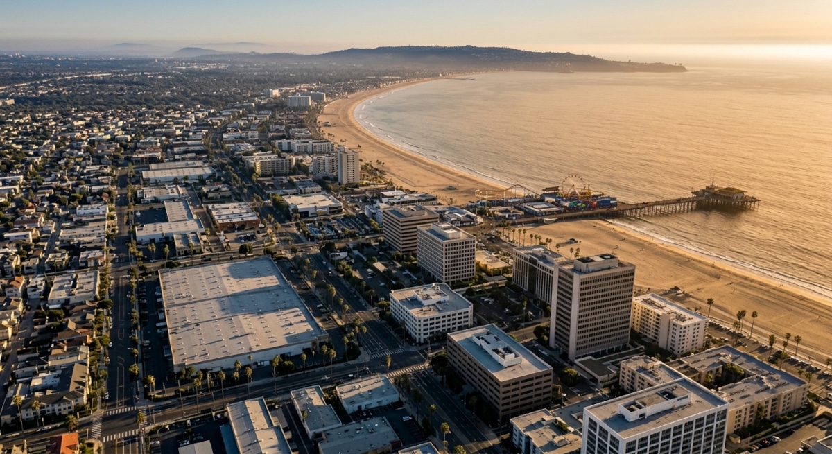 Coastal Los Angeles Commercial Real Estate Market 2026: Santa Monica, Malibu, South Bay and Huntington Beach 1 Aerial view of the coastal Los Angeles commercial real estate market in 2026, spanning Santa Monica, the South Bay, and the Pacific coastline at golden hour