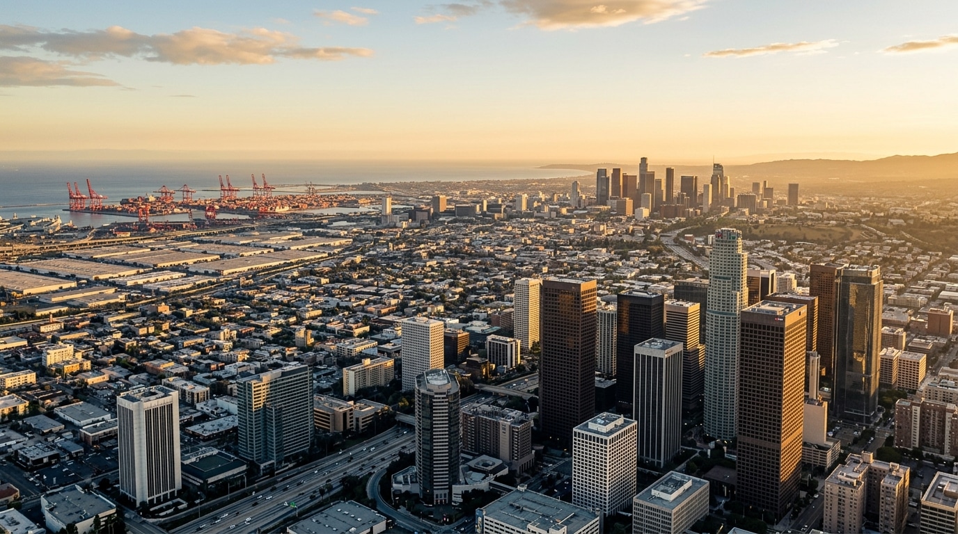 Los Angeles Commercial Real Estate Market Q4 2026: Rates, Vacancy and the Road to Year-End 1 Los Angeles commercial real estate market Q4 2026 aerial view of Downtown LA office towers, Century City and port-area industrial warehouses