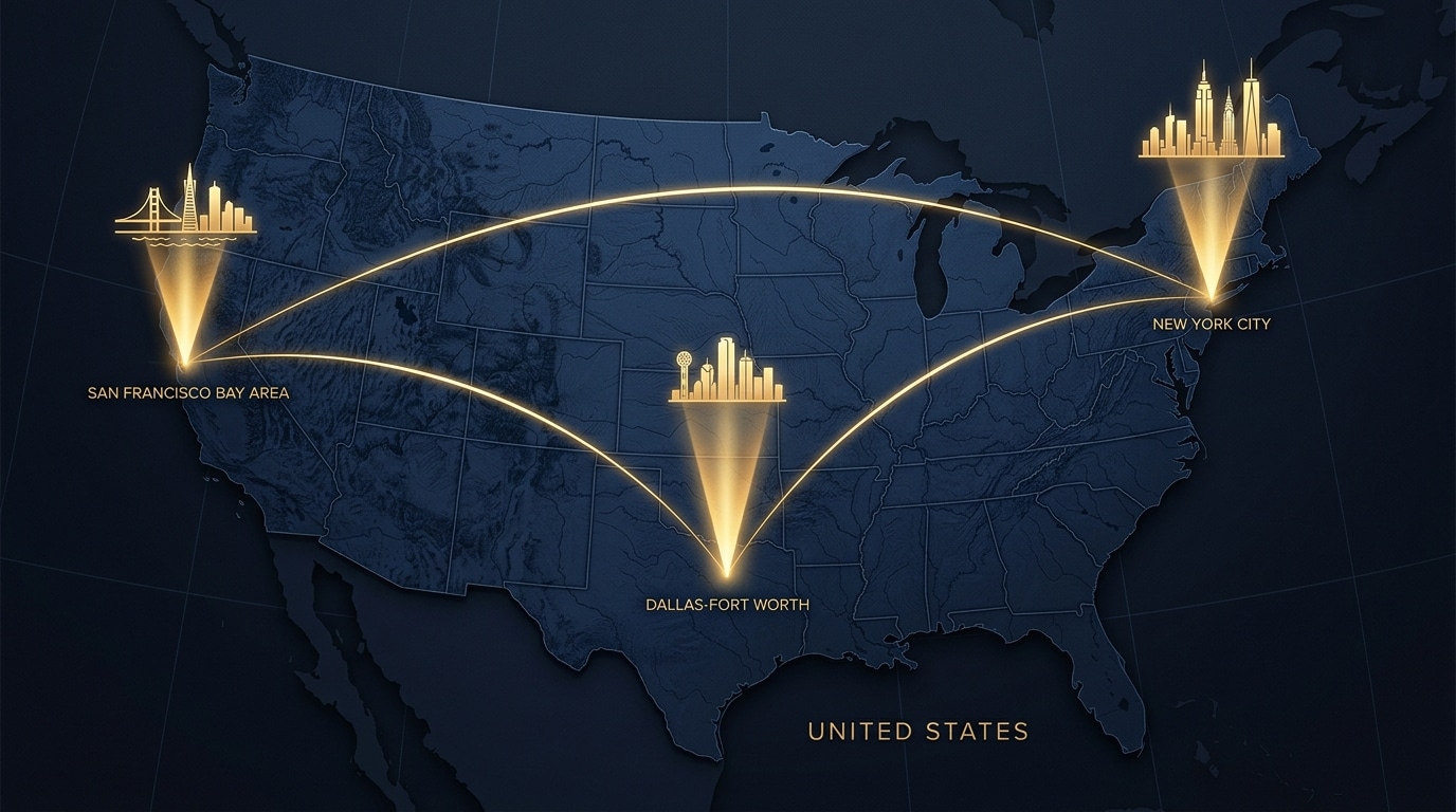 The 3 Hottest Commercial Mortgage Markets in the U.S. Right Now (September 2026) 3 hottest commercial mortgage markets 2026 map of United States highlighting Dallas-Fort Worth, New York City and San Francisco Bay Area