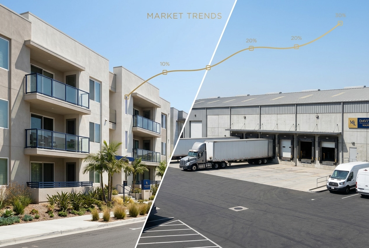 Commercial Real Estate Interest Rates: Oct 2026 US & CA 1 How interest rates affect commercial real estate in California, apartment building and industrial warehouse with rising rate line